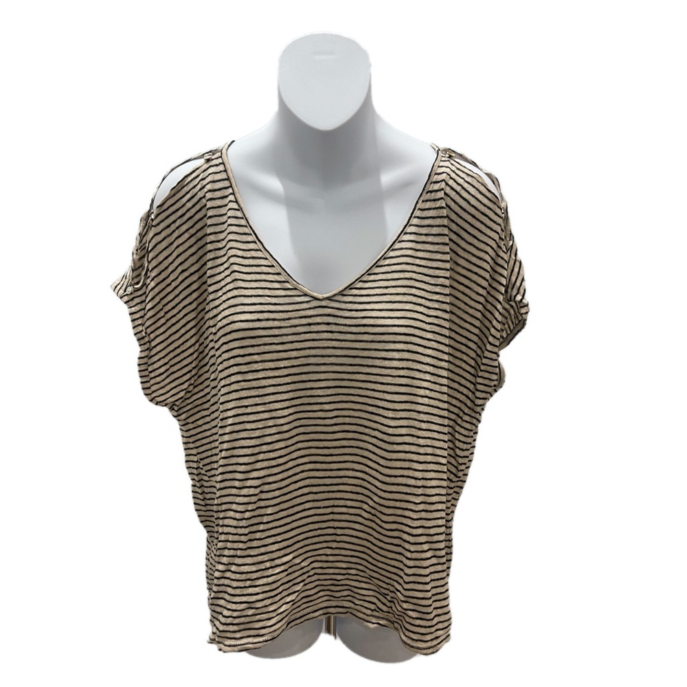 Lucky Brand Short Sleeve Striped V-Neck Linen Top